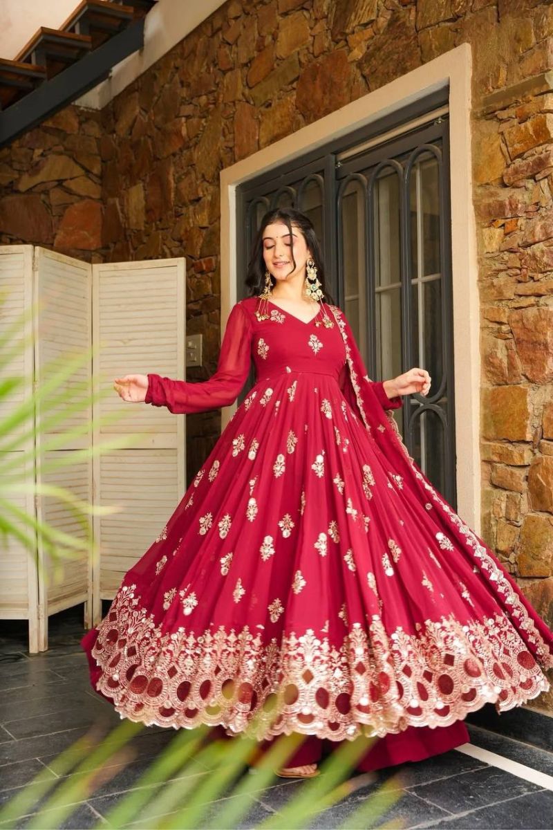 Red Faux Georgette Gown with Pant & Dupatta Set Embroidered