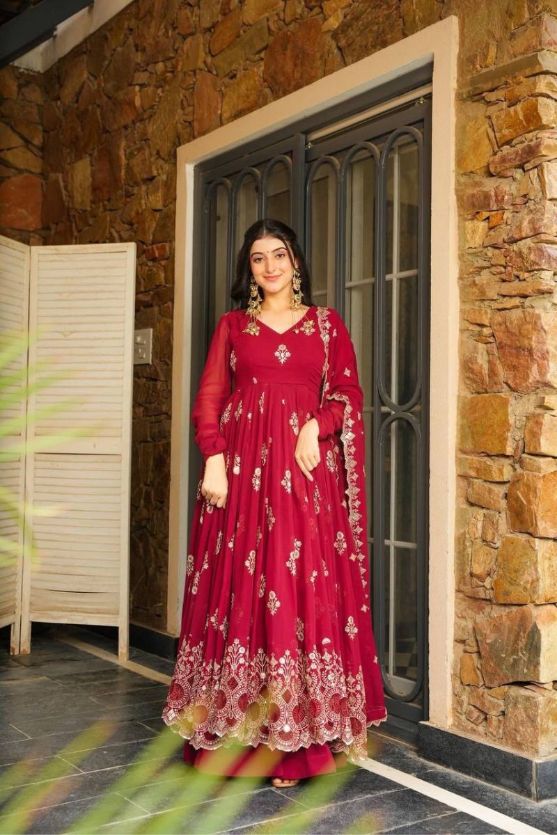 Red Faux Georgette Gown with Pant & Dupatta Set Embroidered