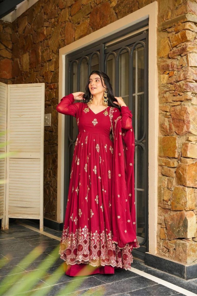 Red Faux Georgette Gown with Pant & Dupatta Set Embroidered