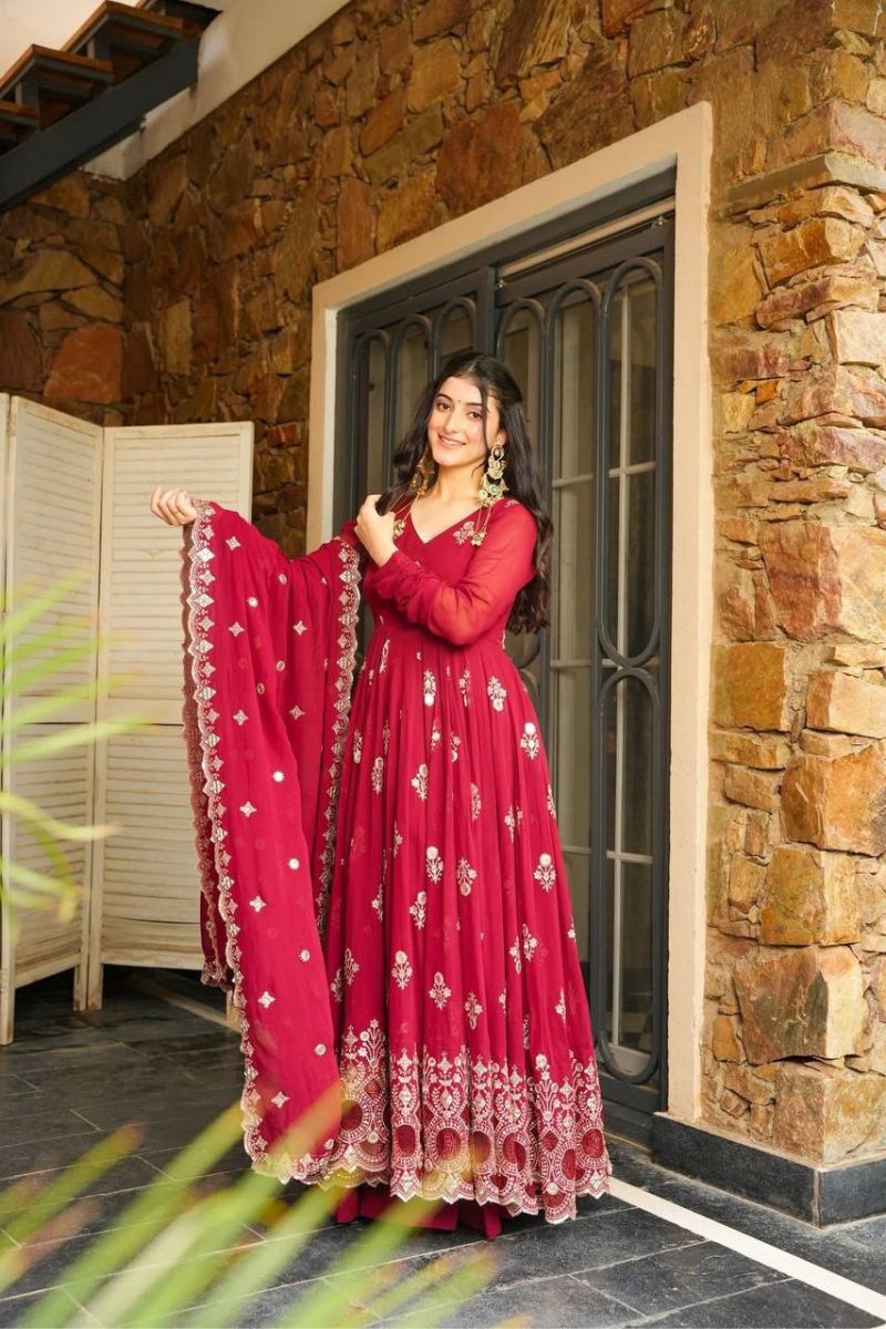 Red Faux Georgette Gown with Pant & Dupatta Set Embroidered