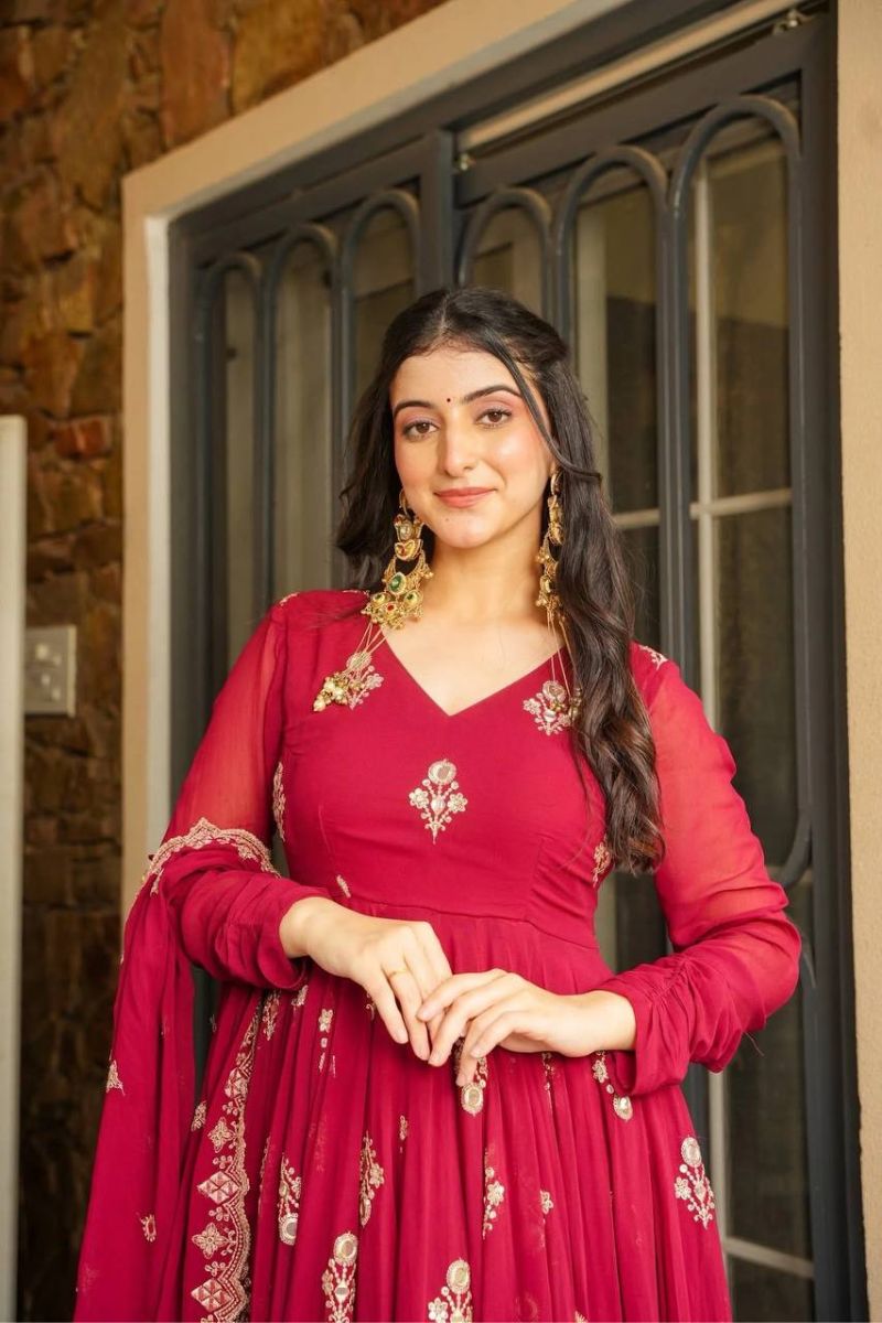 Red Faux Georgette Gown with Pant & Dupatta Set Embroidered