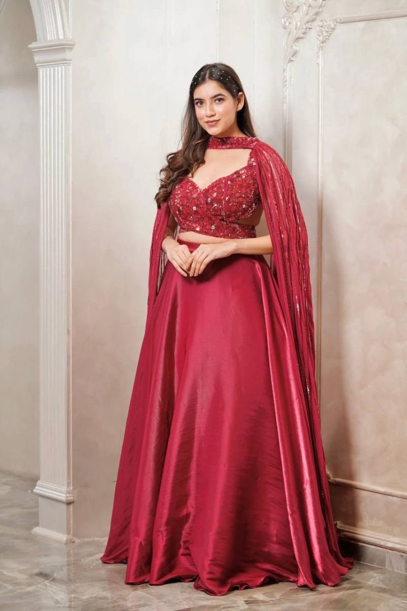Red Japan Satin Silk Lehenga Blouse And Dupatta Set Sequenced