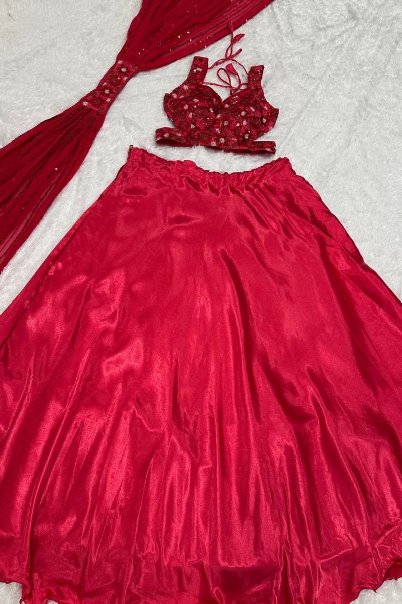 Red Japan Satin Silk Lehenga Blouse And Dupatta Set Sequenced