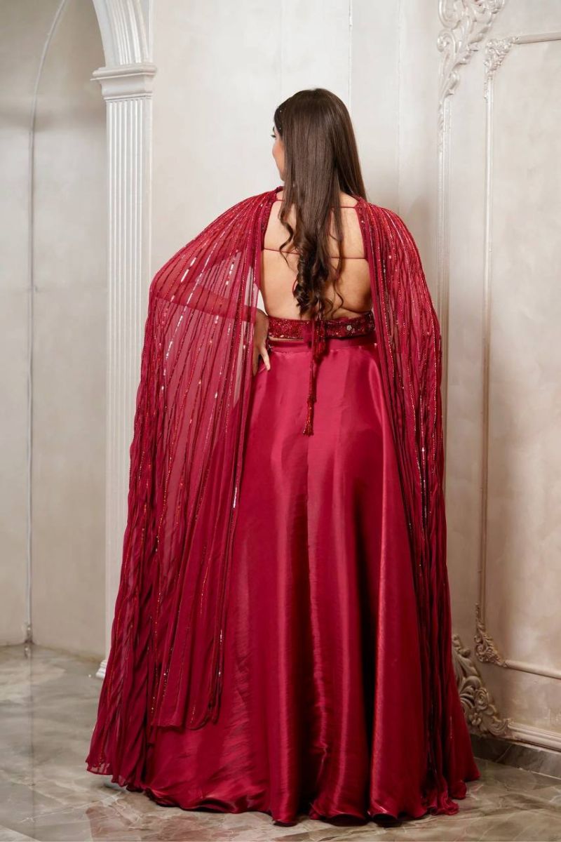 Red Japan Satin Silk Lehenga Blouse And Dupatta Set Sequenced