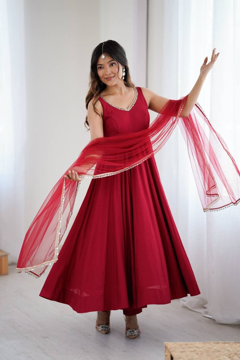 Romansilk Anarkali Suit with Mirror Lace Work Dupatta & Pant