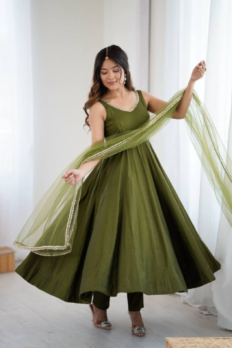 Romansilk Anarkali Suit with Mirror Lace Work Dupatta & Pant