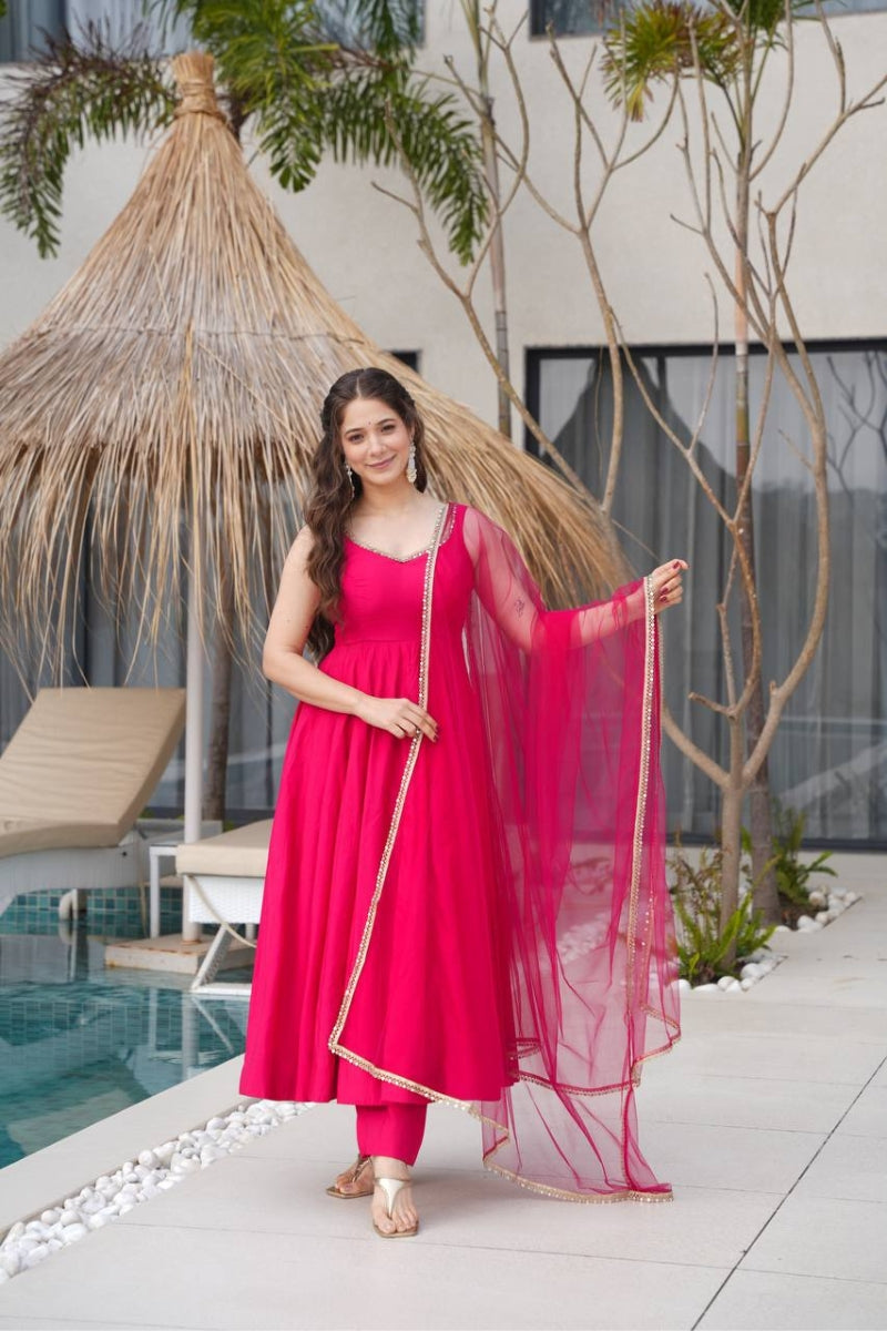 Romansilk Anarkali Suit with Mirror Lace Work Dupatta & Pant