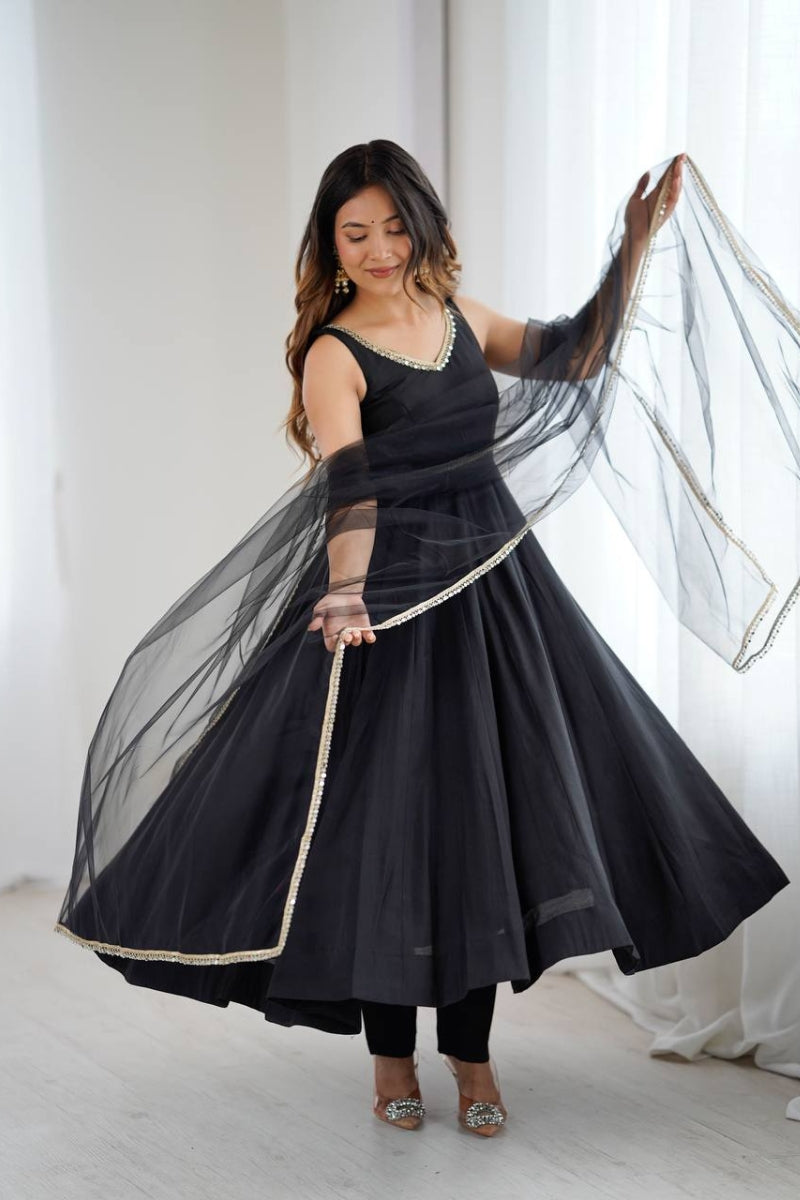 Romansilk Anarkali Suit with Mirror Lace Work Dupatta & Pant