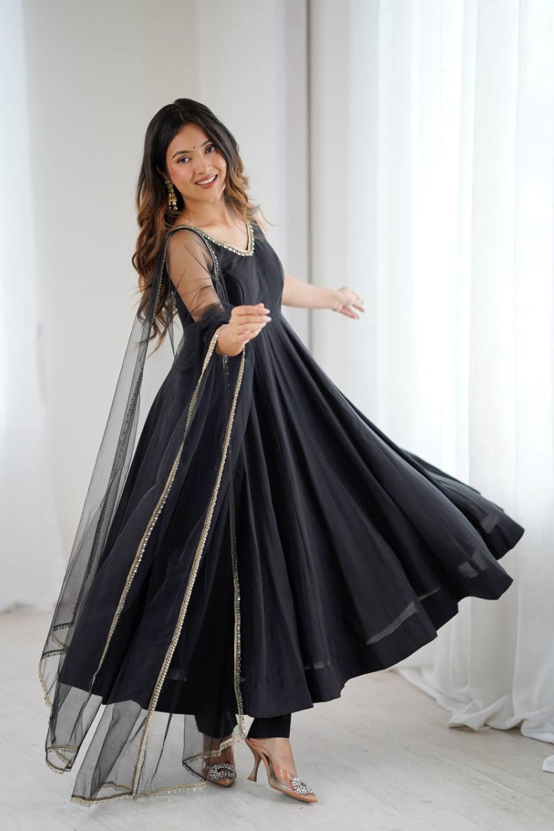 Romansilk Anarkali Suit with Mirror Lace Work Dupatta & Pant