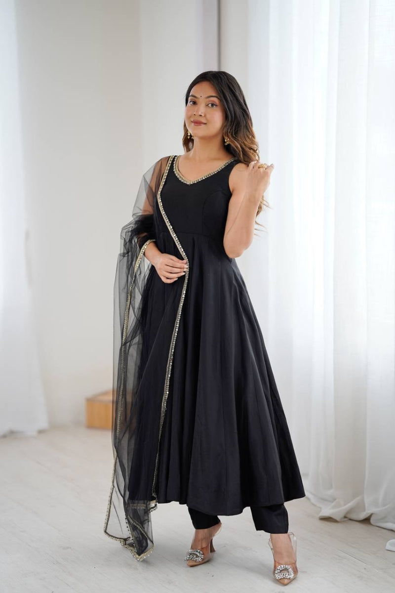 Romansilk Anarkali Suit with Mirror Lace Work Dupatta & Pant
