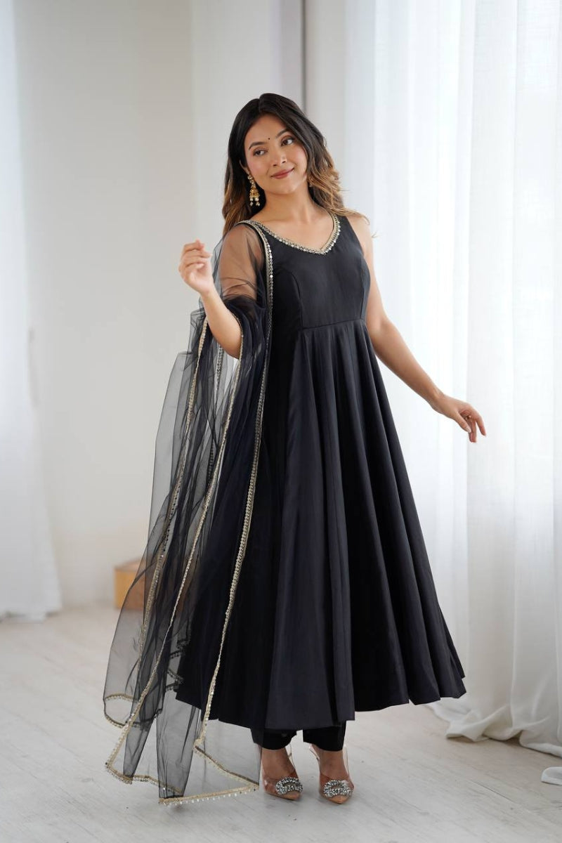 Romansilk Anarkali Suit with Mirror Lace Work Dupatta & Pant