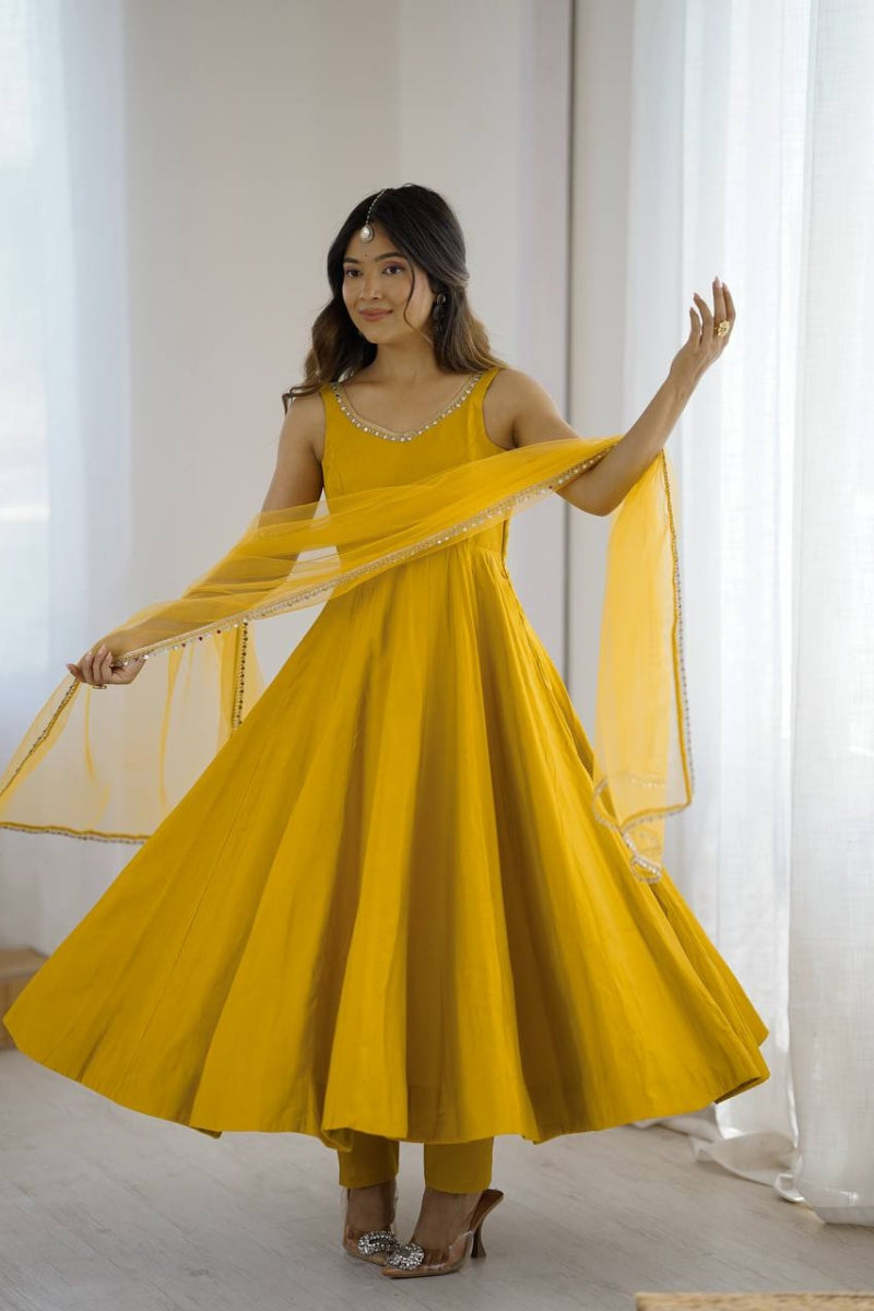 Romansilk Anarkali Suit with Mirror Lace Work Dupatta & Pant