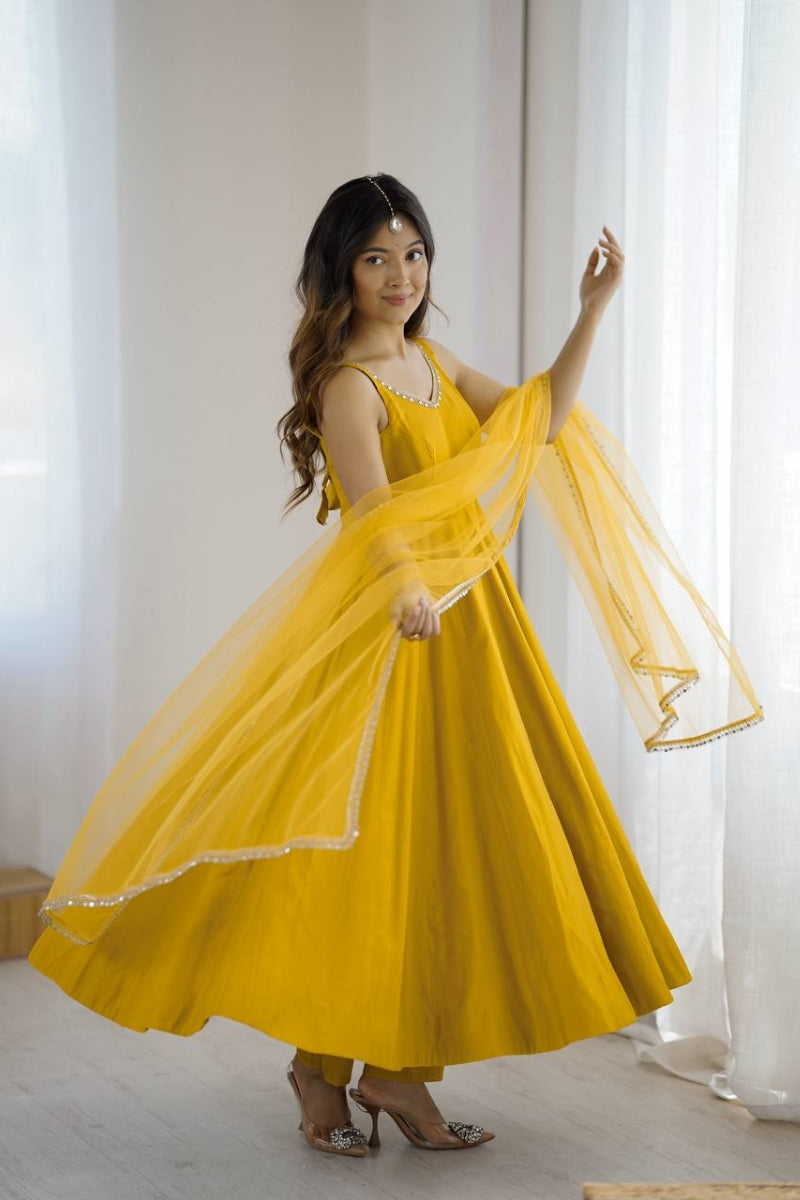 Romansilk Anarkali Suit with Mirror Lace Work Dupatta & Pant