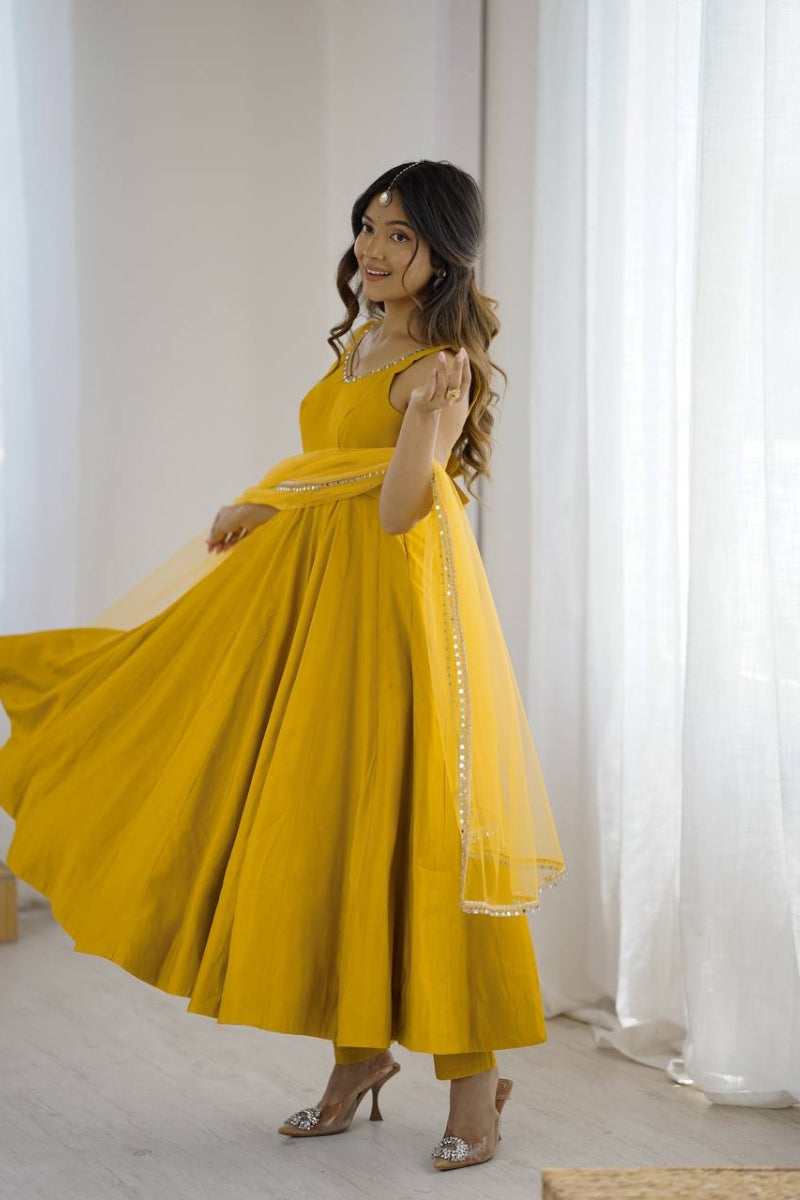 Romansilk Anarkali Suit with Mirror Lace Work Dupatta & Pant