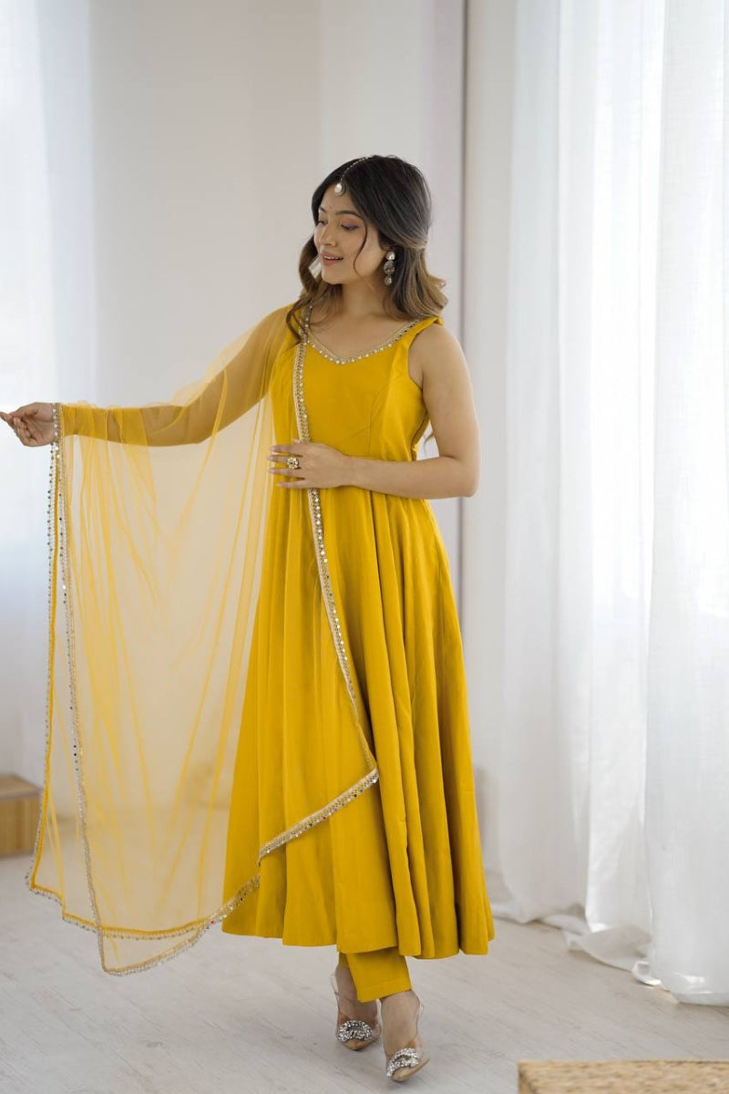 Romansilk Anarkali Suit with Mirror Lace Work Dupatta & Pant