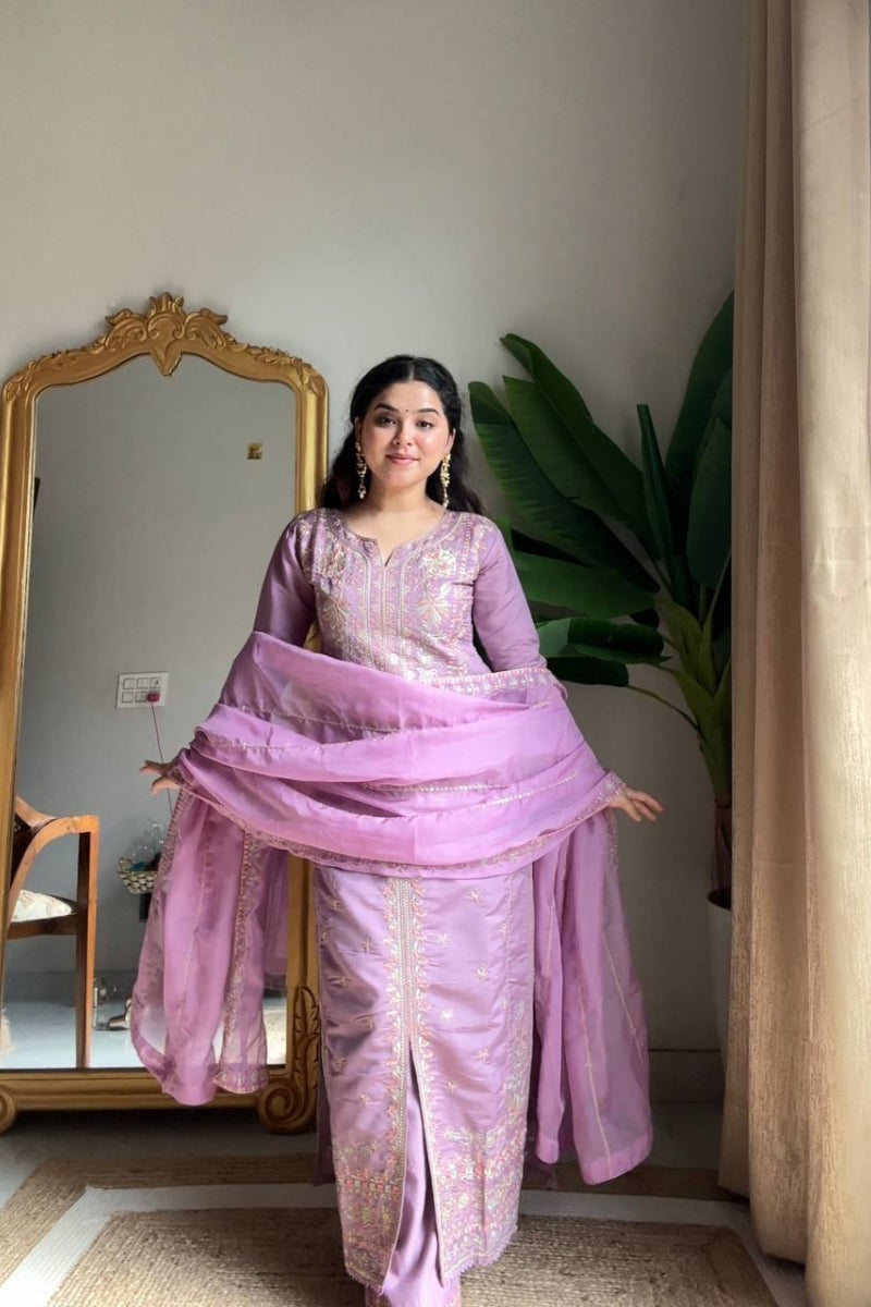 Roman Silk Kurta Plazzo Set with Sequin Embroidery & Organza Dupatta