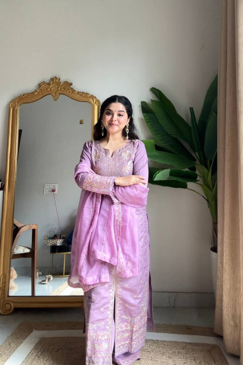 Roman Silk Kurta Plazzo Set with Sequin Embroidery & Organza Dupatta