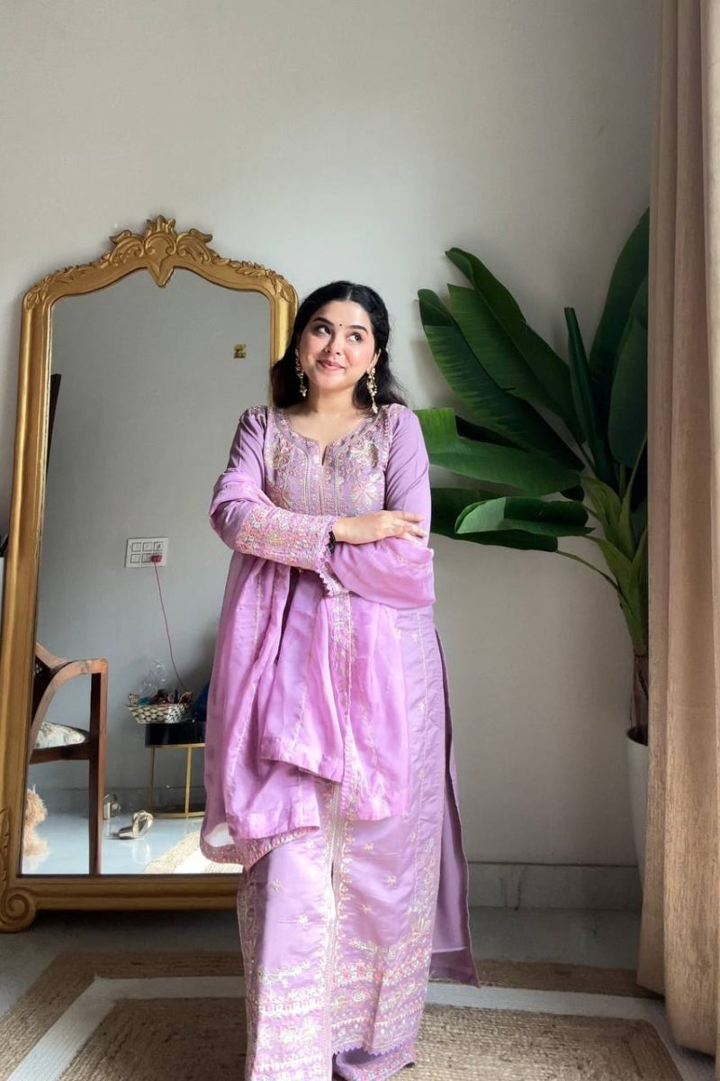Roman Silk Kurta Plazzo Set with Sequin Embroidery & Organza Dupatta
