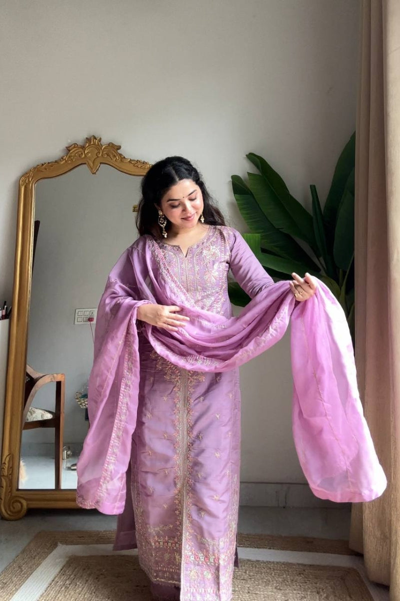 Roman Silk Kurta Plazzo Set with Sequin Embroidery & Organza Dupatta
