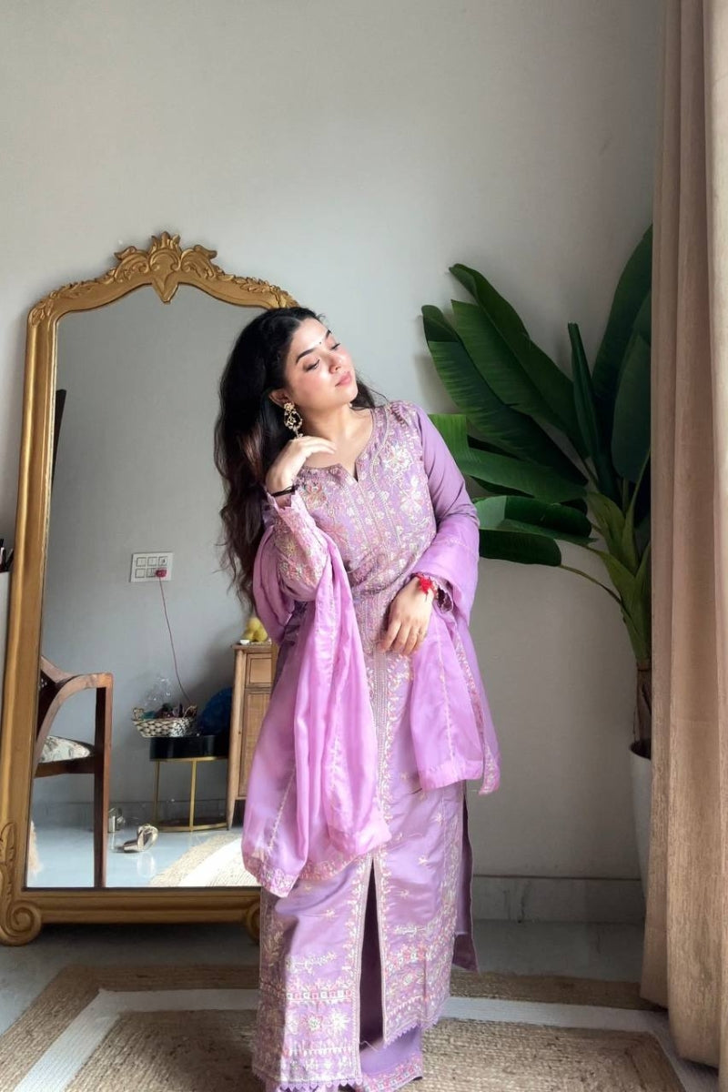 Roman Silk Kurta Plazzo Set with Sequin Embroidery & Organza Dupatta