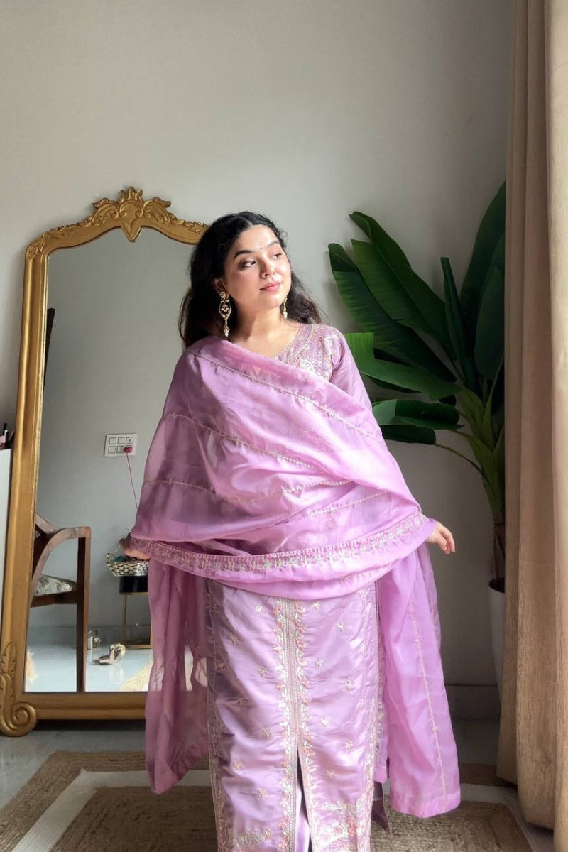 Roman Silk Kurta Plazzo Set with Sequin Embroidery & Organza Dupatta