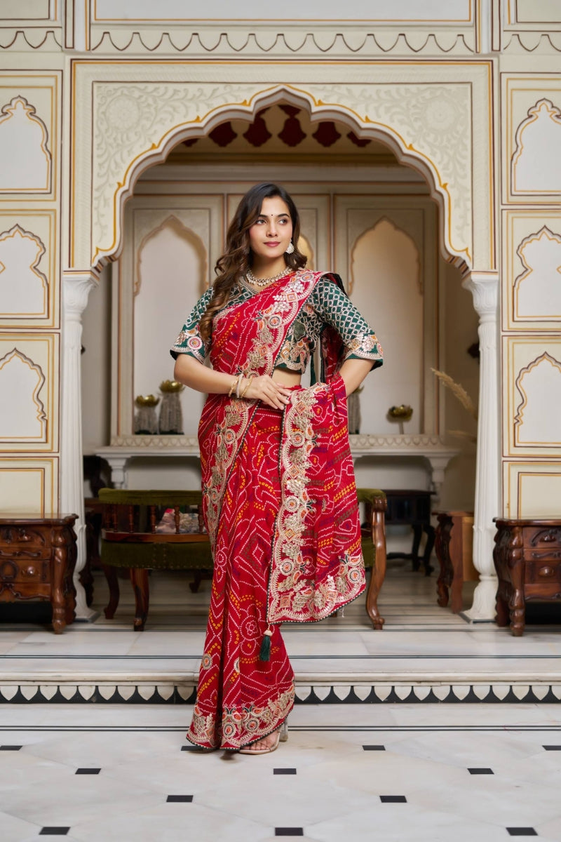 Royal Bandhej Saree in Pure Fabric with Intricate Pitha & Gota Patti Work
