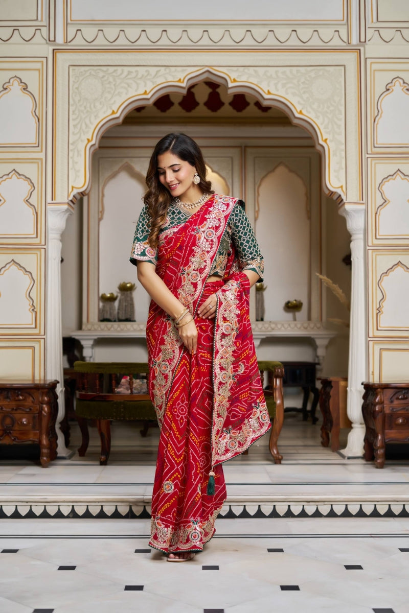 Royal Bandhej Saree in Pure Fabric with Intricate Pitha & Gota Patti Work