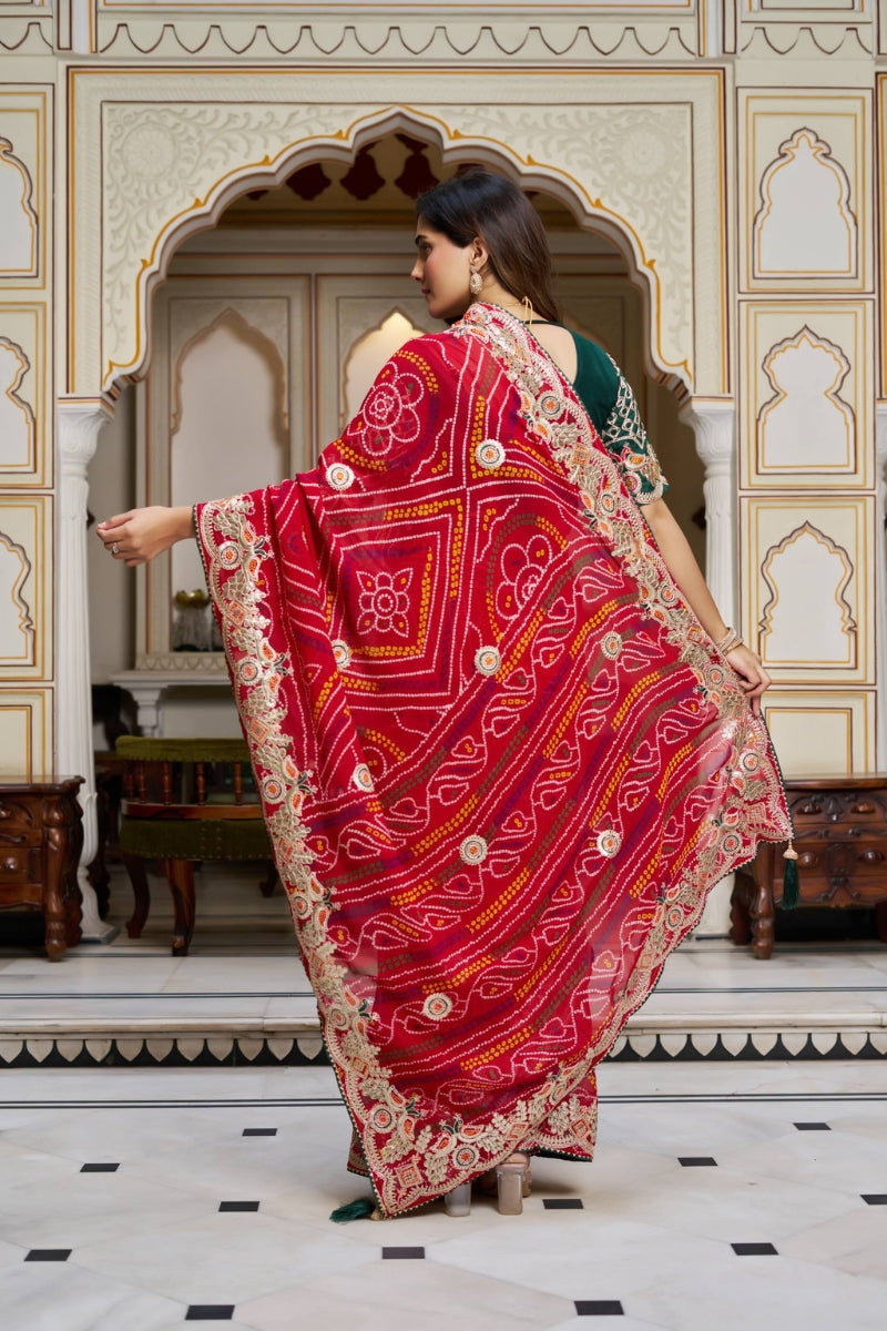 Royal Bandhej Saree in Pure Fabric with Intricate Pitha & Gota Patti Work