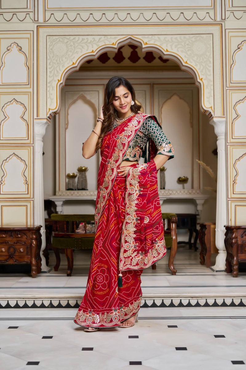 Royal Bandhej Saree in Pure Fabric with Intricate Pitha & Gota Patti Work