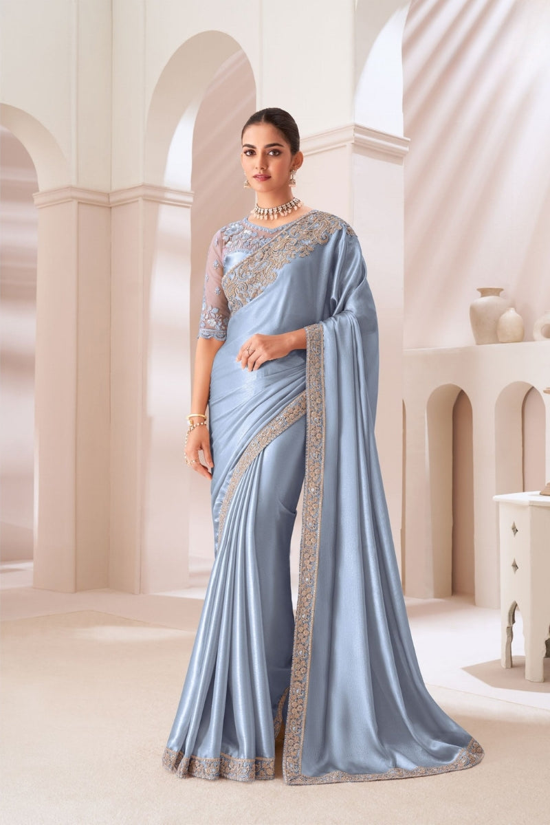 Satin Gold Chiffon Saree with Satin Silk Blouse