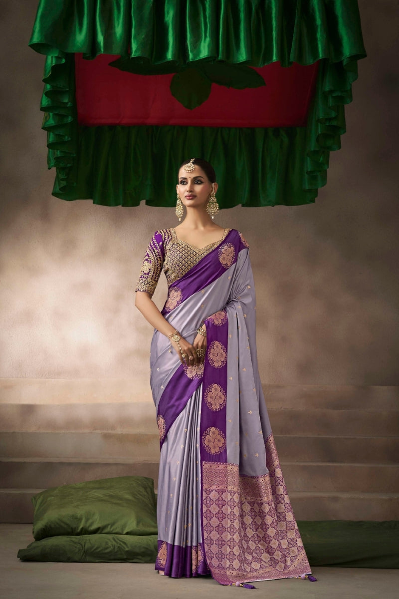 Satin Silk Saree Paired with Heavily Embroidered Raw Silk Blouse