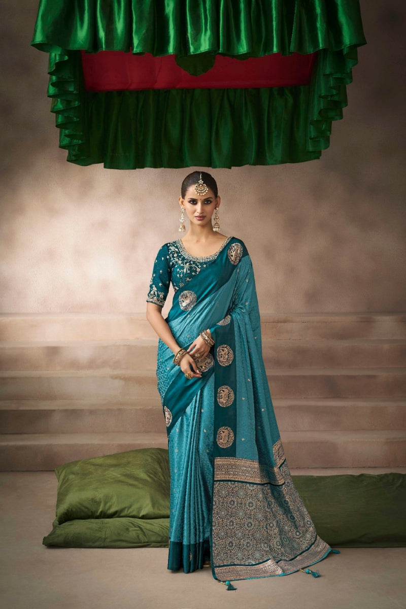 Satin Silk Saree Paired with Heavily Embroidered Raw Silk Blouse