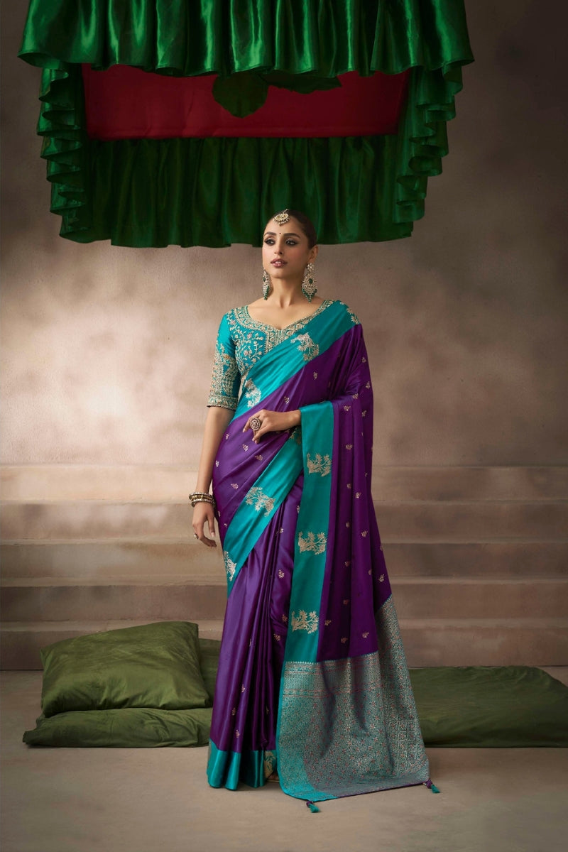Satin Silk Saree Paired with Heavily Embroidered Raw Silk Blouse