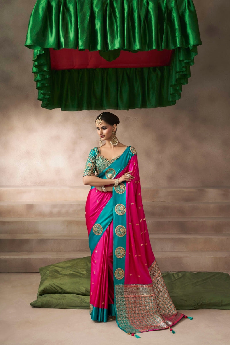 Satin Silk Saree Paired with Heavily Embroidered Raw Silk Blouse