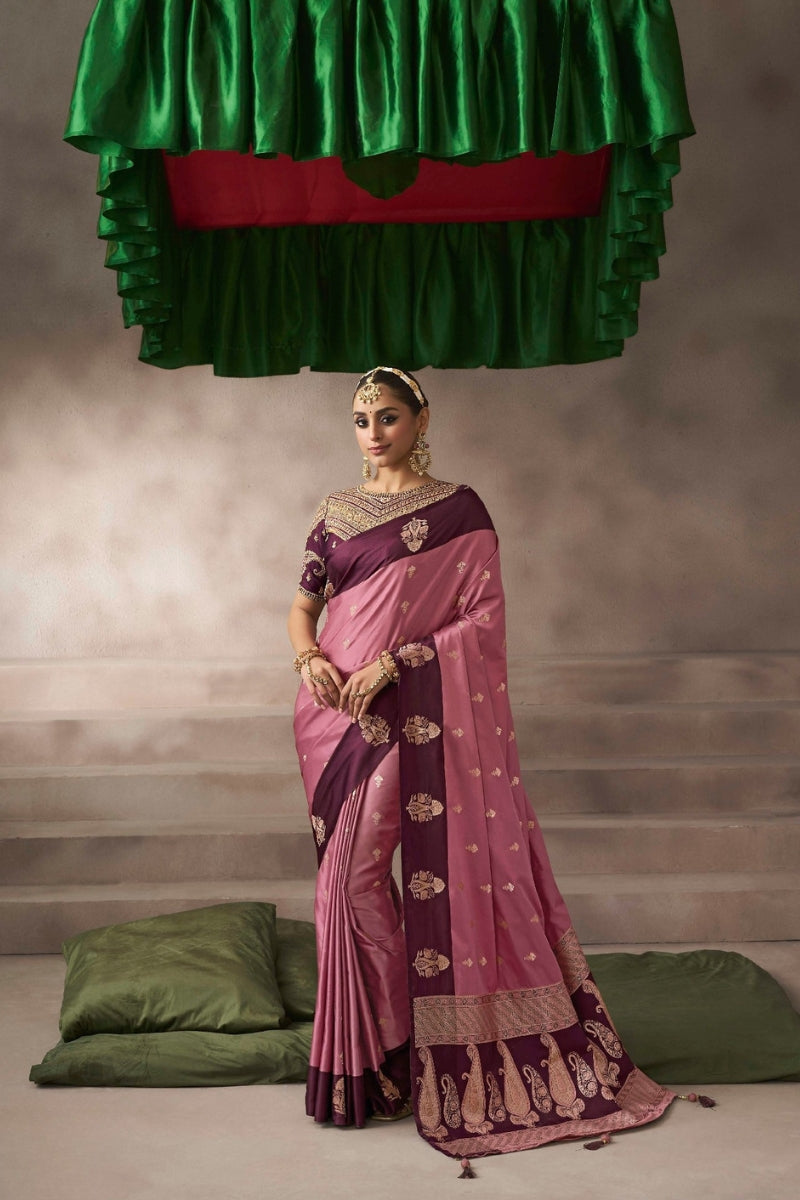 Satin Silk Saree Paired with Heavily Embroidered Raw Silk Blouse