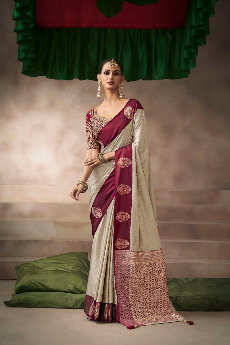 Satin Silk Saree Paired with Heavily Embroidered Raw Silk Blouse