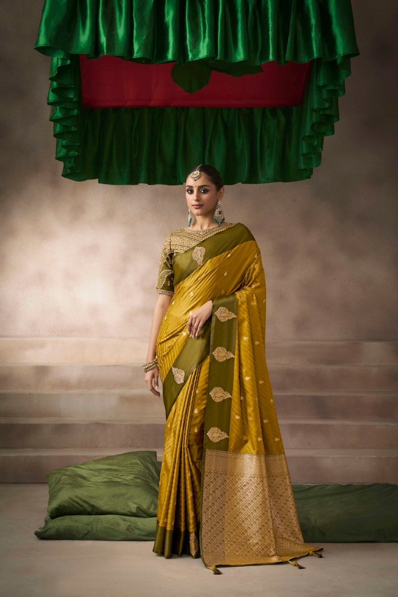 Satin Silk Saree Paired with Heavily Embroidered Raw Silk Blouse