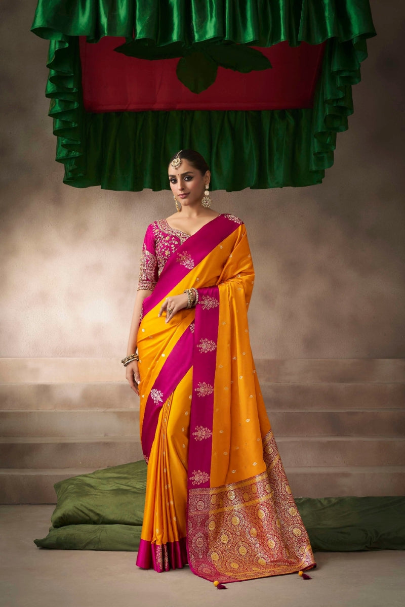 Satin Silk Saree Paired with Heavily Embroidered Raw Silk Blouse