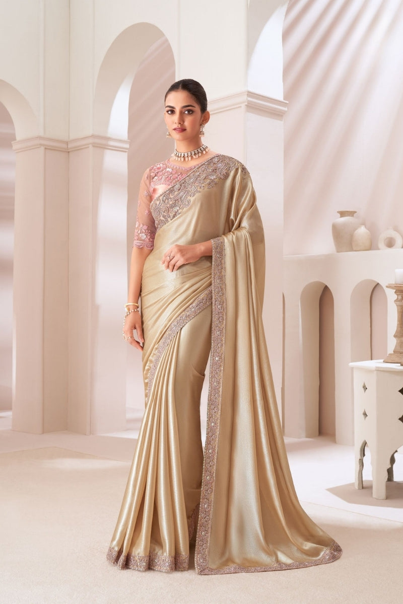 Satin Gold Chiffon Saree with Satin Silk Blouse