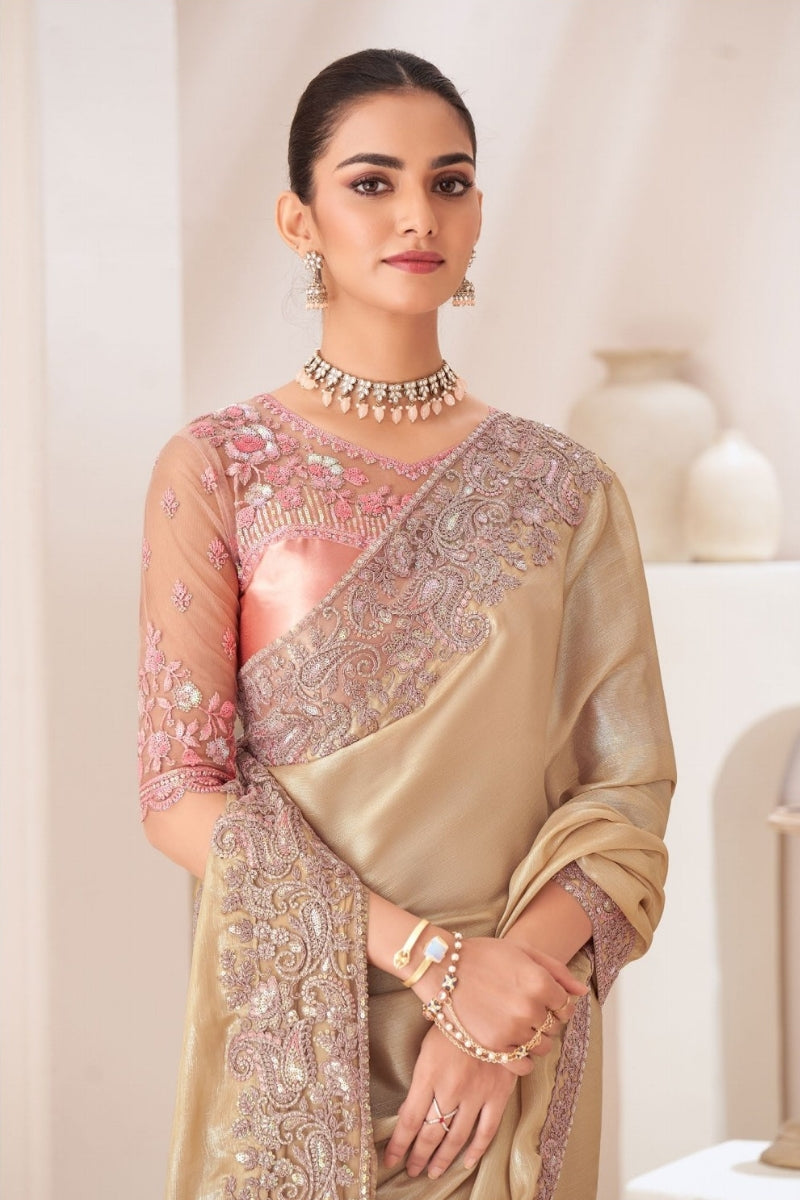 Satin Gold Chiffon Saree with Satin Silk Blouse