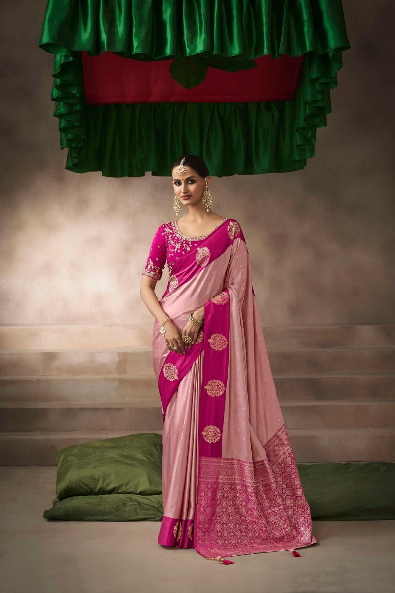 Satin Silk Saree Paired with Heavily Embroidered Raw Silk Blouse