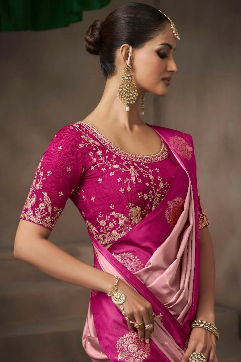 Satin Silk Saree Paired with Heavily Embroidered Raw Silk Blouse