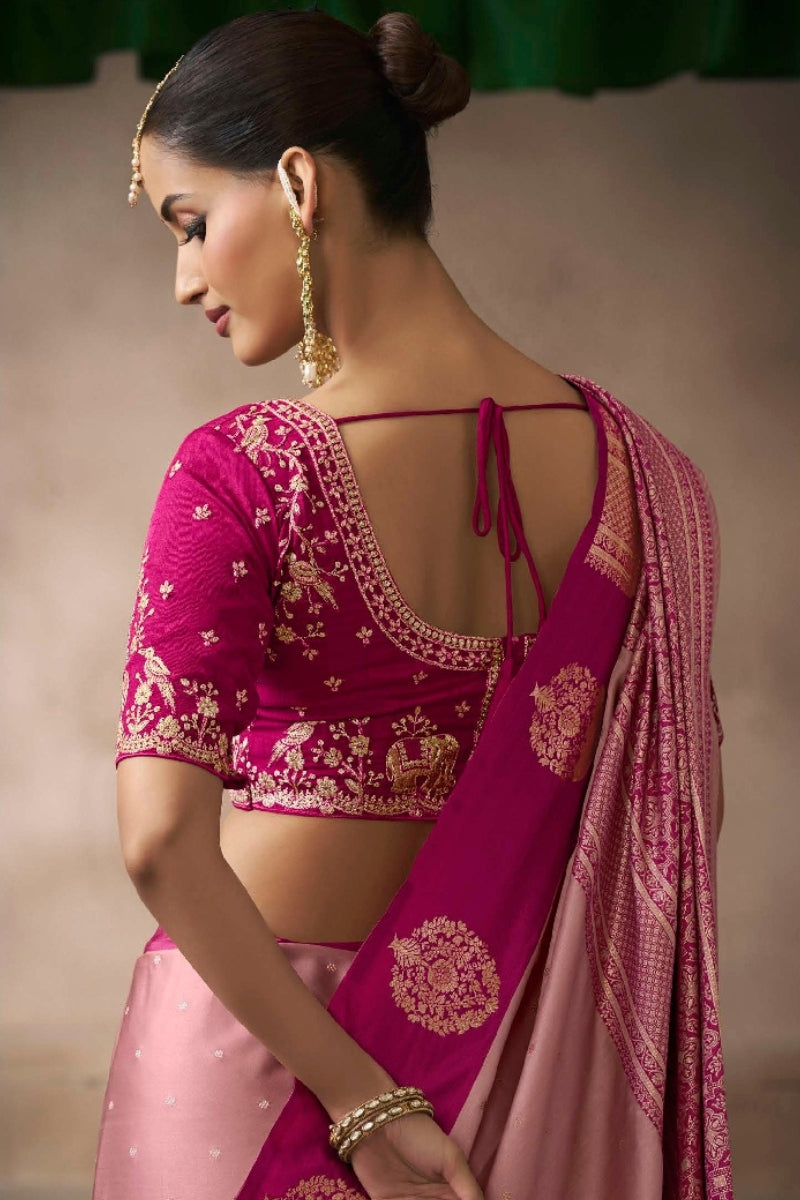 Satin Silk Saree Paired with Heavily Embroidered Raw Silk Blouse