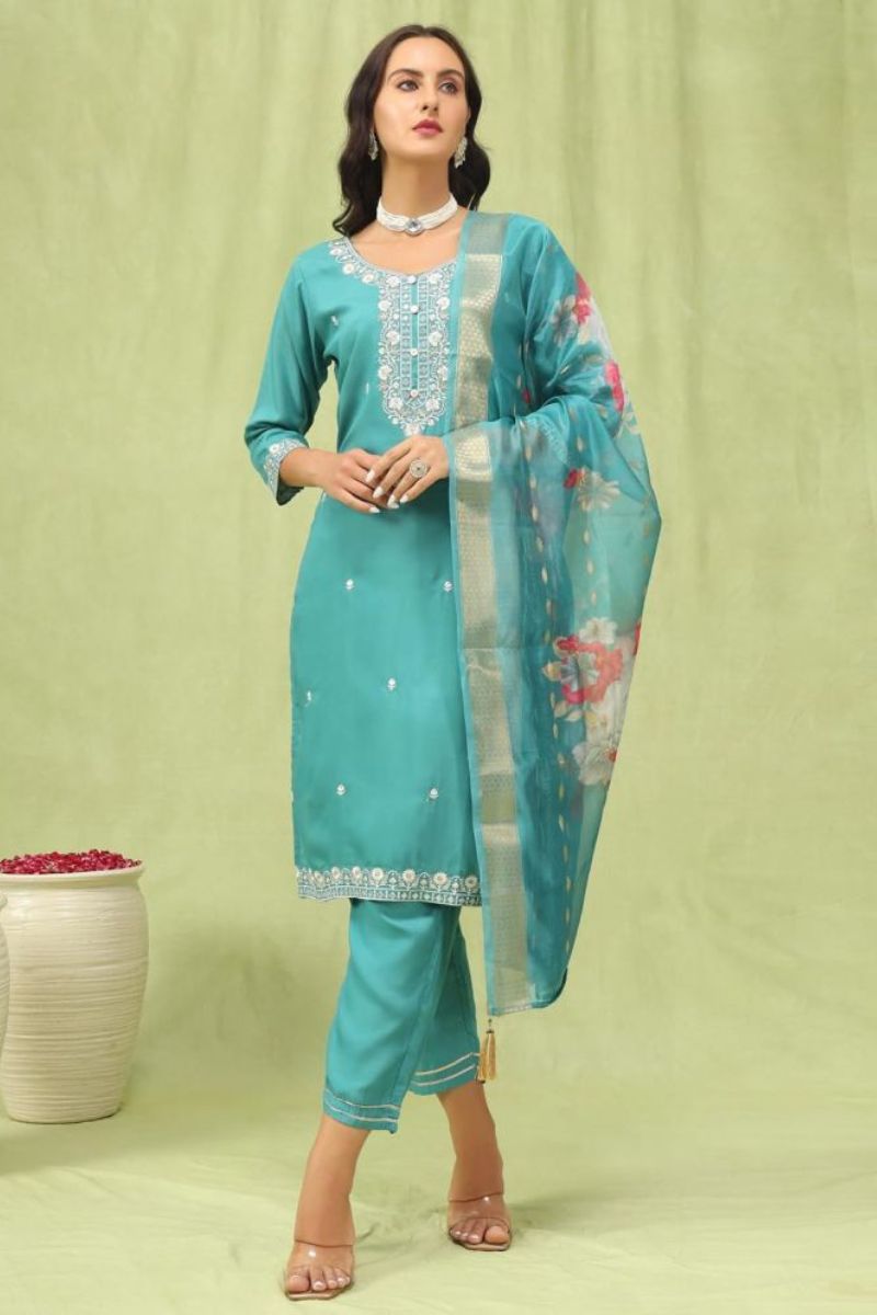 Chanderi Cotton Kurta Pant Dupatta Set with Embroidered Neckline & Jacquard Dupatta