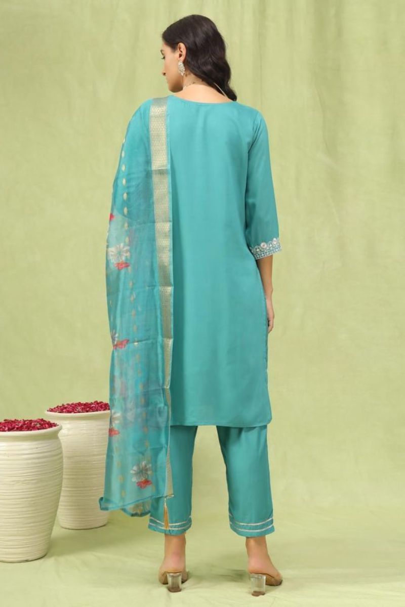 Chanderi Cotton Kurta Pant Dupatta Set with Embroidered Neckline & Jacquard Dupatta