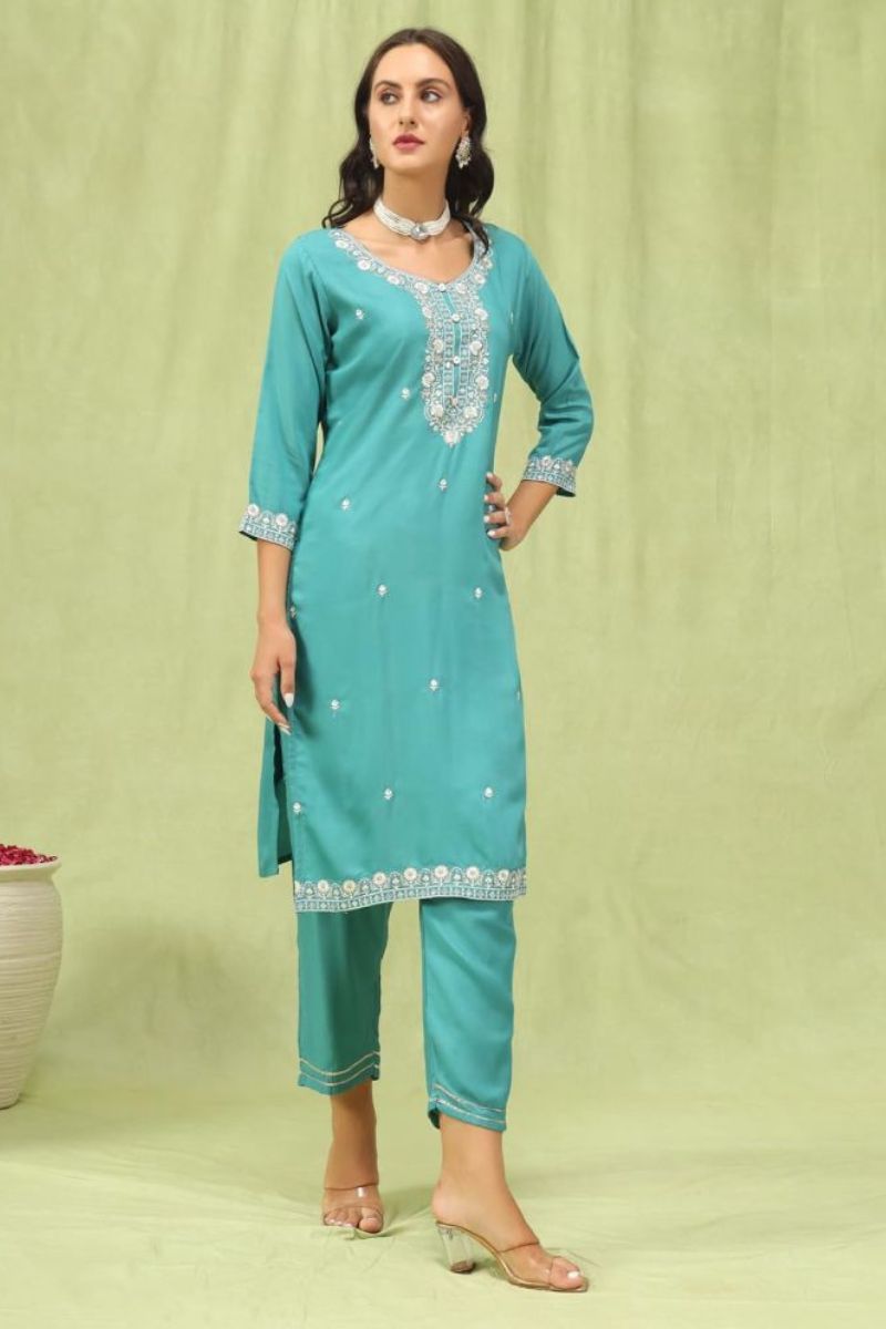 Chanderi Cotton Kurta Pant Dupatta Set with Embroidered Neckline & Jacquard Dupatta