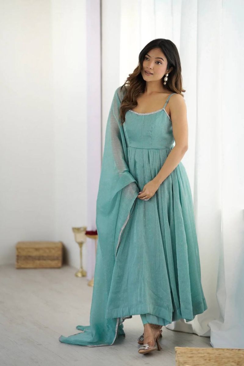 Sky Blue Elegant Crunchy Silk Anarkali Gown Set with Pants & Dupatta