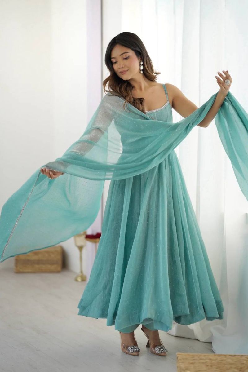 Sky Blue Elegant Crunchy Silk Anarkali Gown Set with Pants & Dupatta