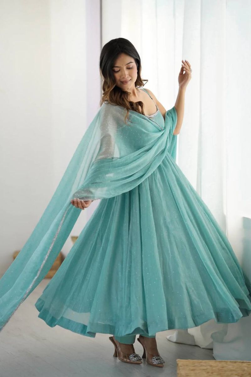 Sky Blue Elegant Crunchy Silk Anarkali Gown Set with Pants & Dupatta