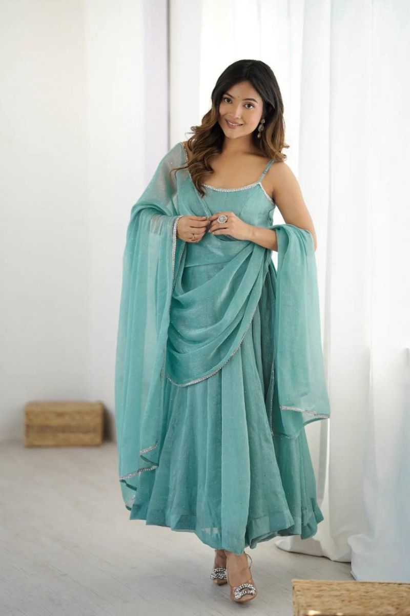 Sky Blue Elegant Crunchy Silk Anarkali Gown Set with Pants & Dupatta